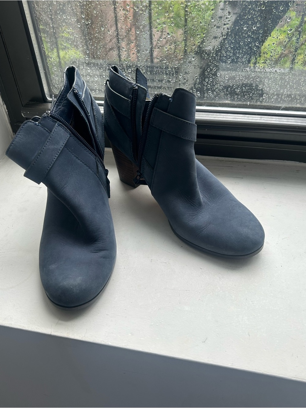 Cole Haan Navy Leather Ankle Booties with Stacked Heel